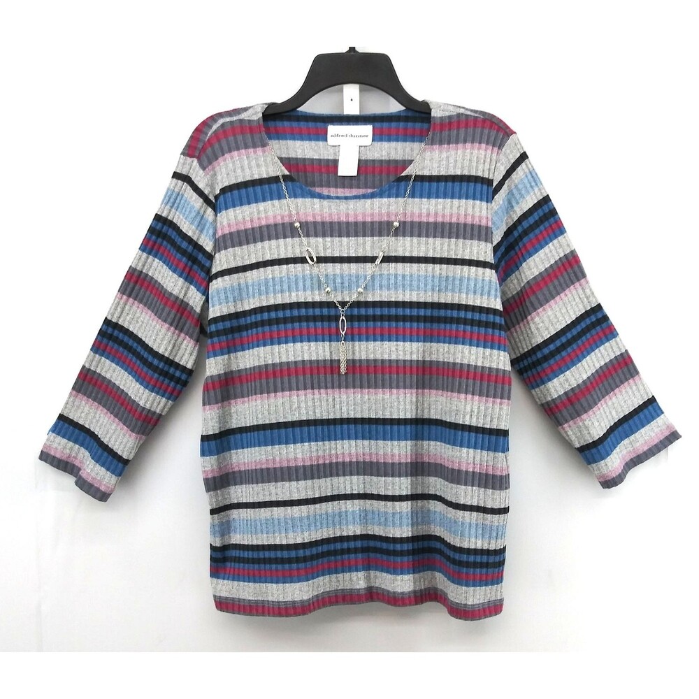 Alfred Dunner Blouse Women Size L Multicolor Striped Ribbed Texture Necklace